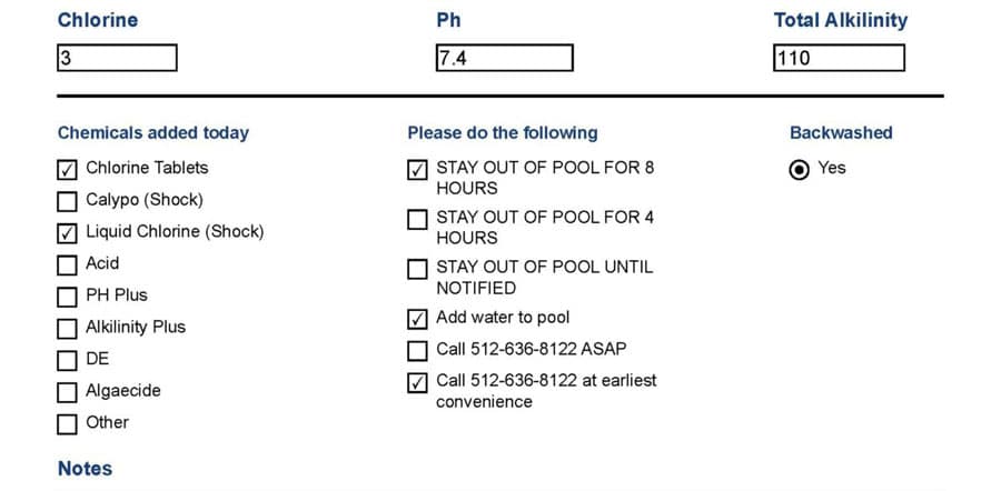 A Patriot Pool and Spa maintenance log shows chlorine at 3, pH at 7.4, and alkalinity at 110. Chlorine tablets and liquid chlorine added; backwash done. Please stay out for 8 hours. For help, contact Patriot Pool and Spa—numbers are listed.