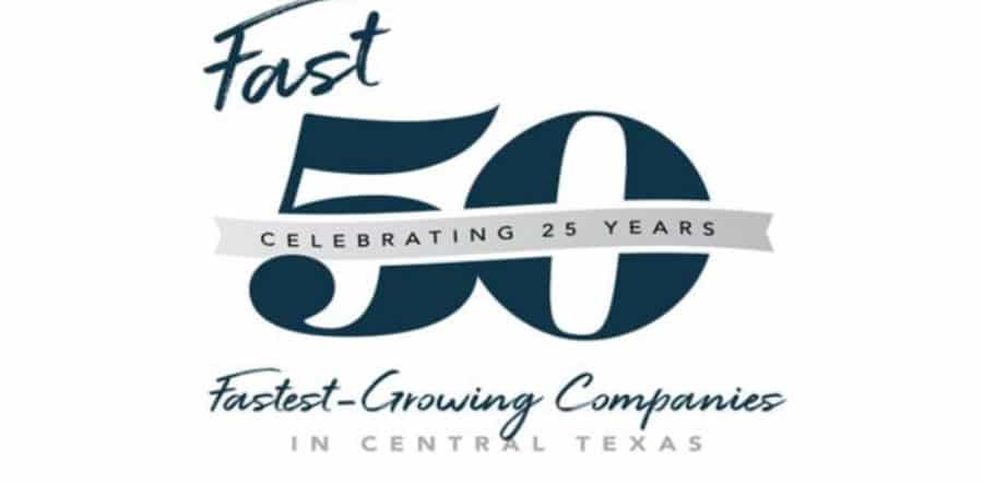 Logo for the "Fast 50 Fastest-Growing Companies in Central Texas," featuring large text "50" with a banner reading "Celebrating 25 Years" and highlighting Patriot Pool and Spa among the award recipients.