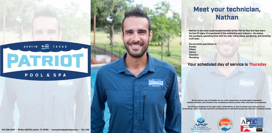 A man with short dark hair and a beard, wearing a blue Patriot Pool and Spa shirt, stands outside smiling. Text on the right introduces him as Nathan, a technician, with pool service details and company logos.