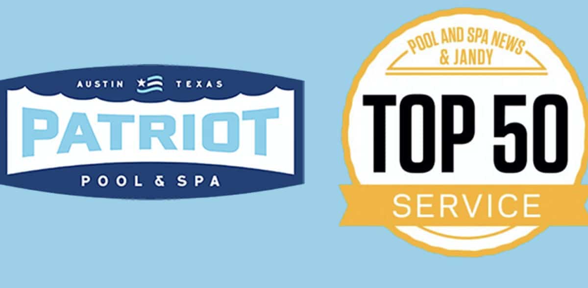 Patriot Pool and Spa logo on the left and a circular "Top 50 Service" badge from Pool and Spa News & Jandy on the right, both displayed on a light blue background.