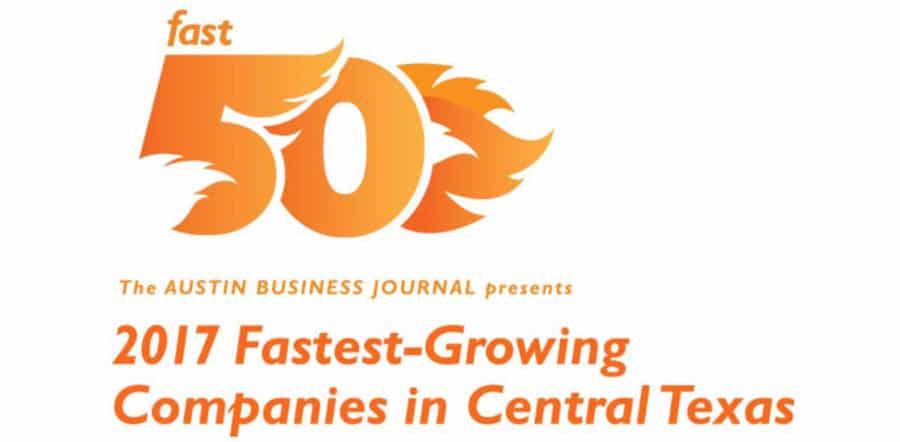 Orange graphic with the large text "fast 50" and smaller text below reading "The Austin Business Journal presents 2017 Fastest-Growing Companies in Central Texas," featuring Patriot Pool and Spa on a white background.