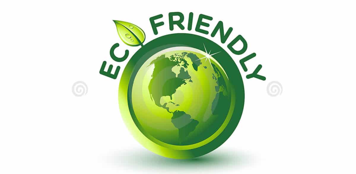A green and white graphic with the words "Eco Friendly" above an illustration of Earth, featuring a leaf on the letter "E" and a shiny, circular design—perfect for Patriot Pool and Spa's commitment to sustainability.