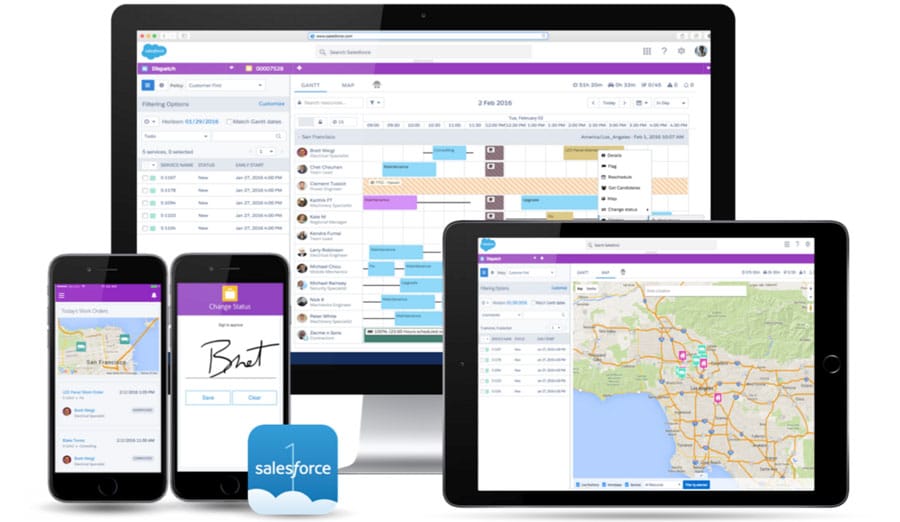 A computer monitor, tablet, and three smartphones display different Salesforce interface screens for Patriot Pool and Spa, including maps, schedules, forms, and dashboards, illustrating cross-device functionality. The Salesforce logo appears in front.