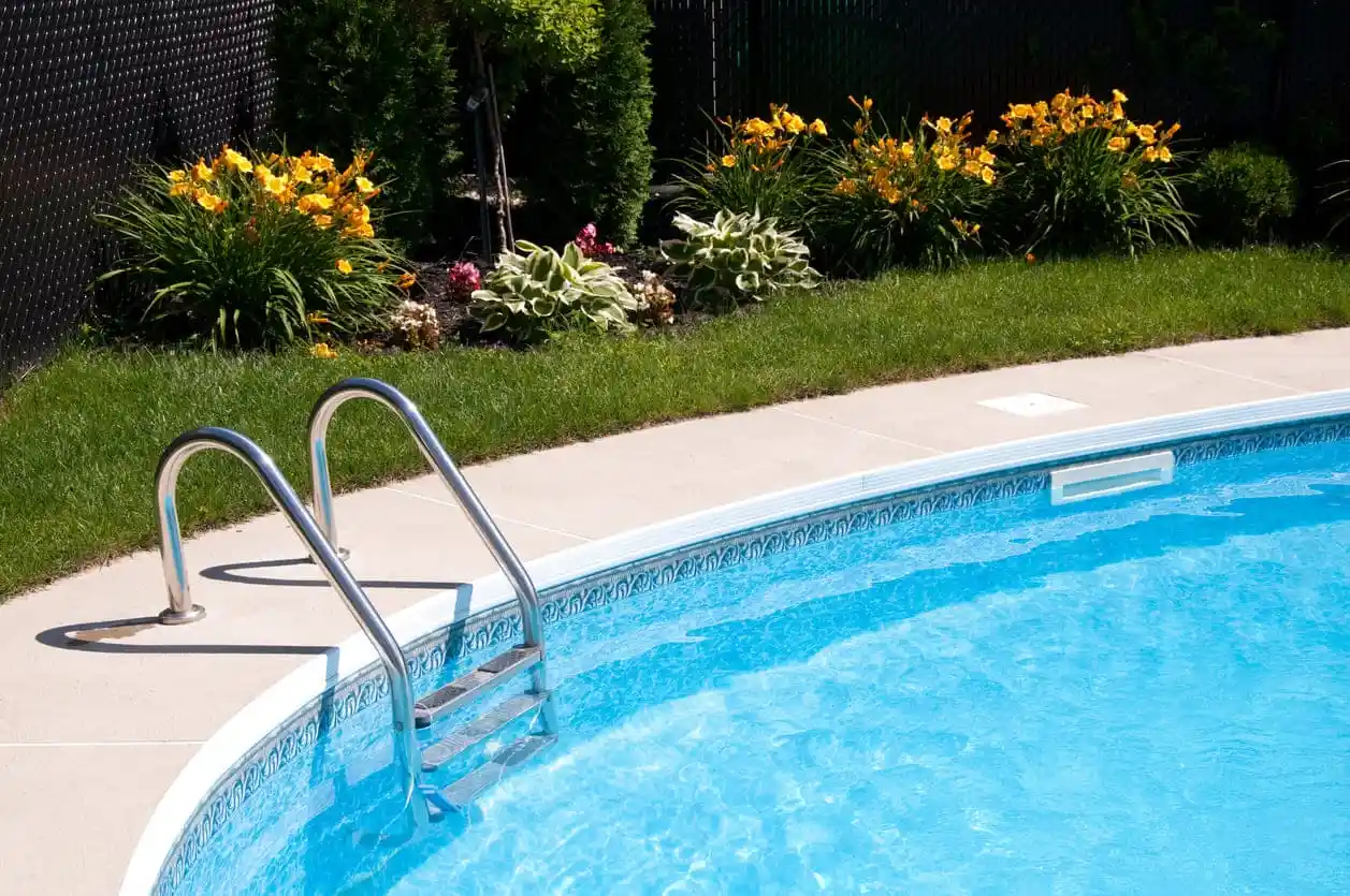 A section of an outdoor swimming pool by Patriot Pool and Spa features a metal ladder and concrete decking. Flowering plants and green grass border the clear, blue water, creating a serene poolside retreat.