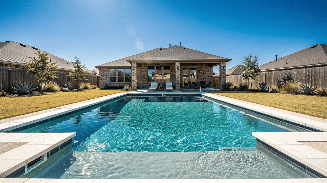 A rectangular backyard swimming pool with clear water, surrounded by a stone deck. Behind the pool is a covered patio with lounge chairs, set against a single-story brick house—perfect for relaxing or enjoying expert pool service under a clear blue sky.