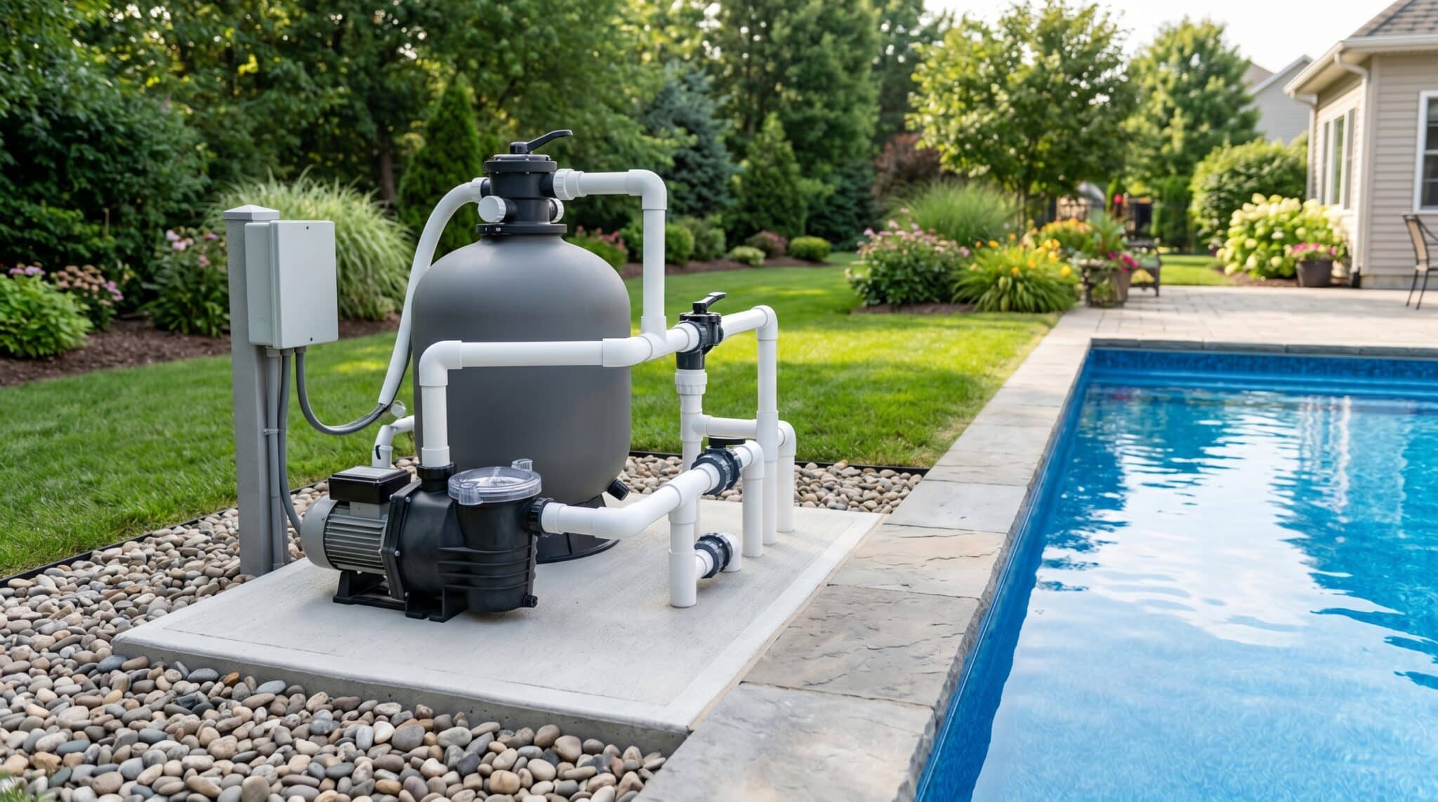 A pool service alert highlights a filtration system with white PVC pipes and a round, black filter tank, installed on a concrete pad next to a blue swimming pool, with a landscaped backyard visible in the background.