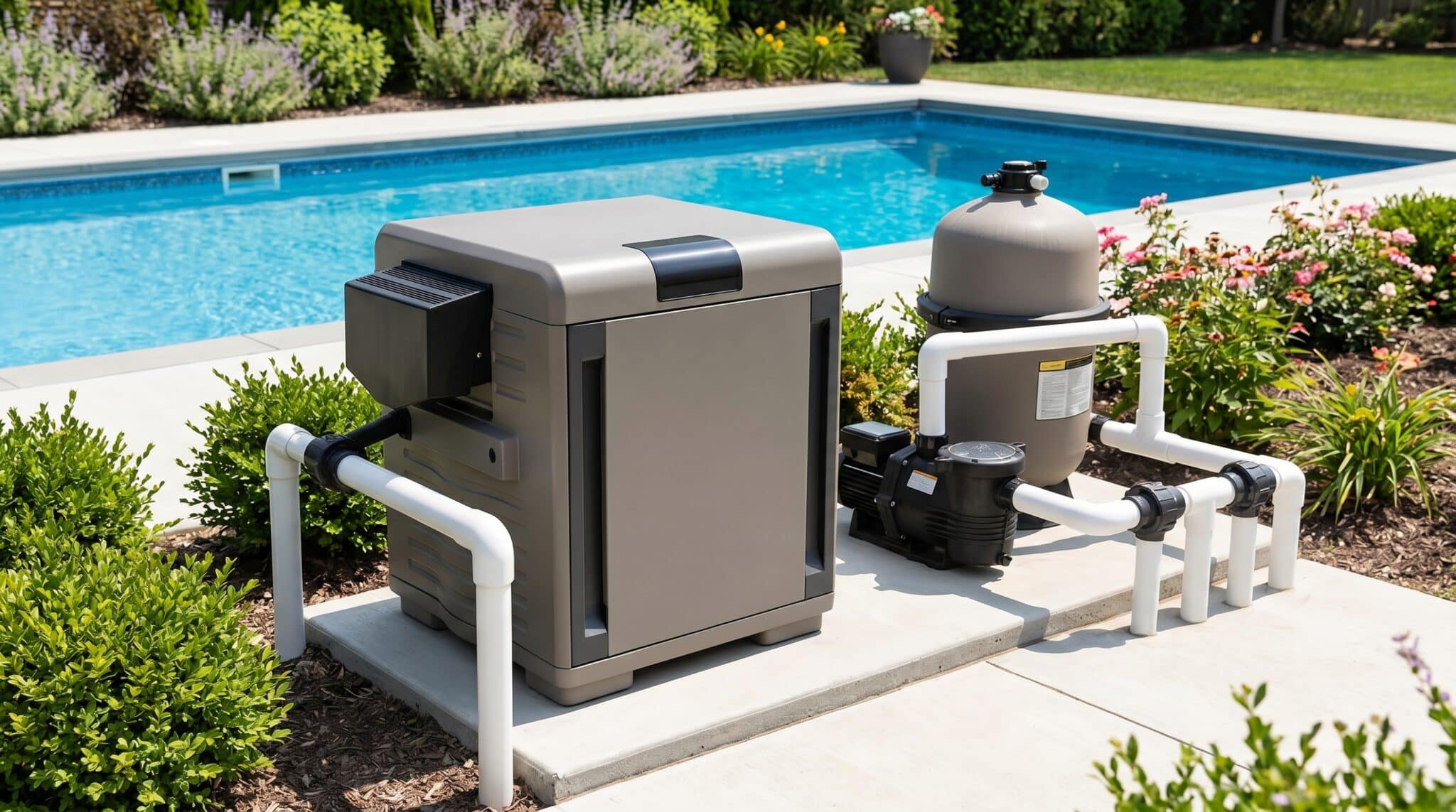 A pool heater and pool filter system with connected white PVC pipes are installed next to a backyard swimming pool, surrounded by landscaping and greenery—a perfect setup for easy maintenance or quick pool service alerts.