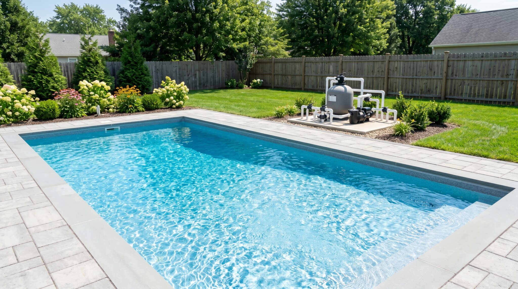 Rectangular in-ground swimming pool with clear blue water in a backyard, surrounded by a gray stone patio, green grass, plants, and a wooden fence. A pool service alert sign is posted next to the filtration equipment on a concrete pad nearby.