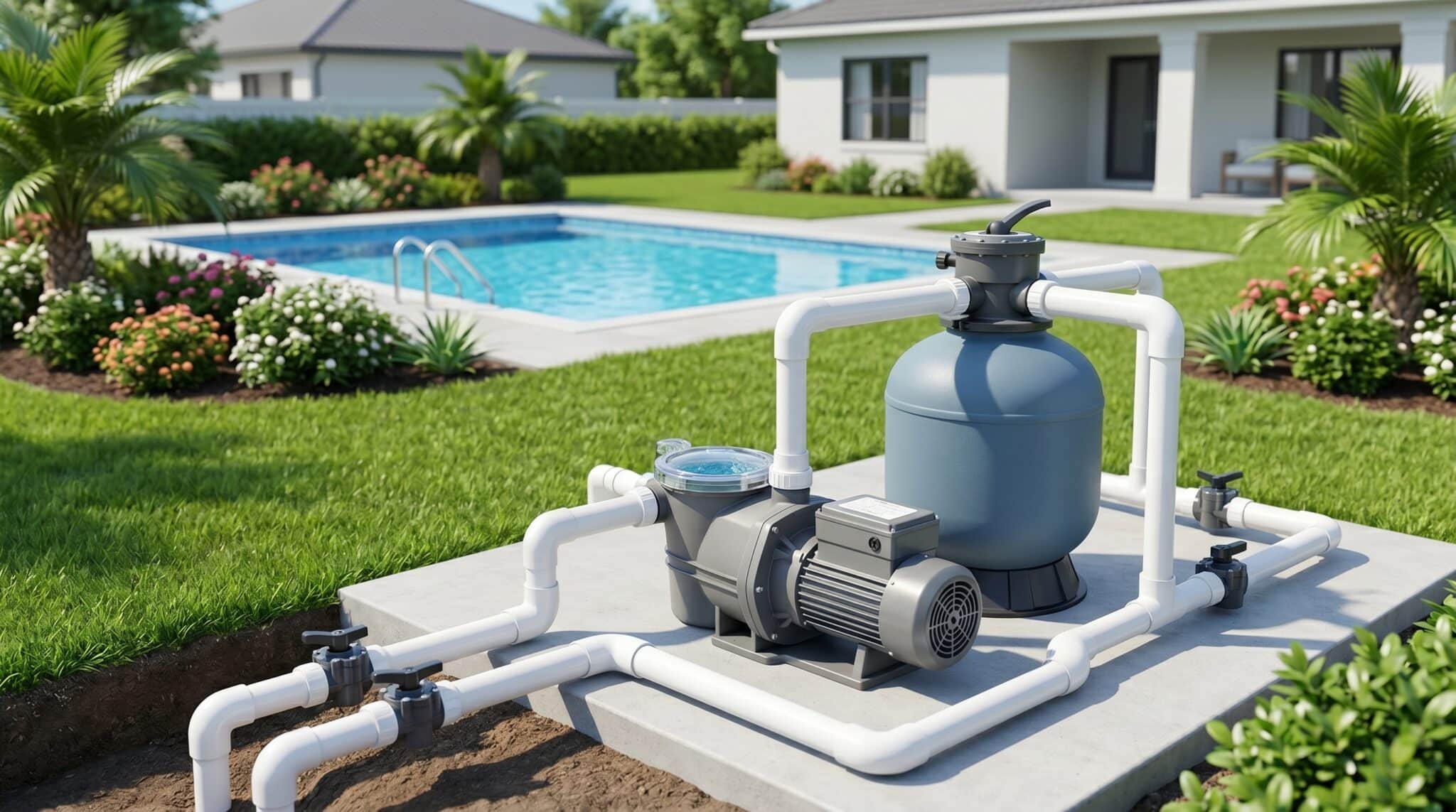 A pool filtration system with pipes, a pump, and a filter is installed beside an in-ground backyard swimming pool surrounded by grass, plants, and a white house—ready to send a pool service alert if any maintenance is needed.