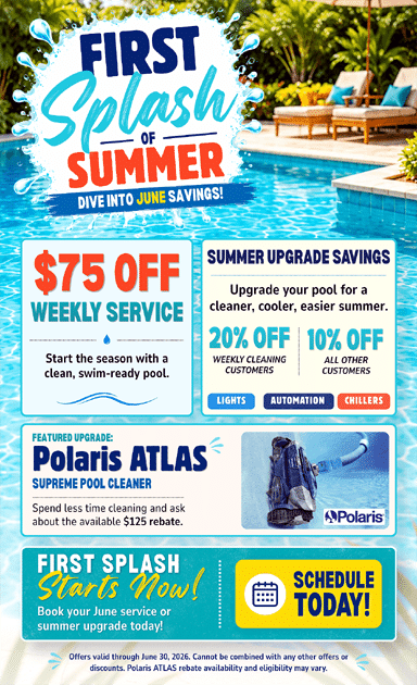 Pool service promotion flyer with $75 off weekly service, discounts on summer upgrades, Polaris Atlas pool cleaner offer, an image of a pool, pool gear, and a Schedule Today button. Fine print at the bottom.